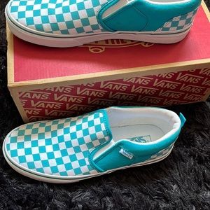 Blue and white checkered Vans